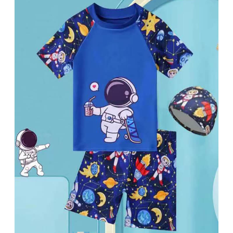 2 Pieces Boys Swimwear Set T-shirt Swim and Shorts with Space Print