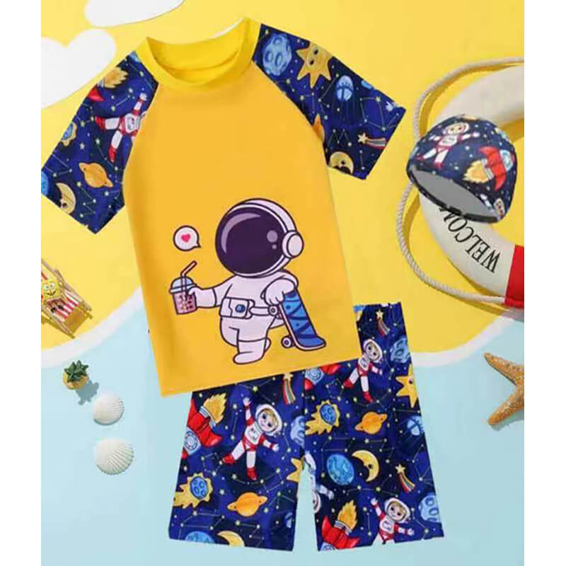 2 Pieces Boys Swimwear Set T-shirt Swim and Shorts with Space Print -2