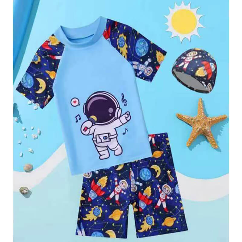 2 Pieces Boys Swimwear Set T-shirt Swim and Shorts with Space Print -3