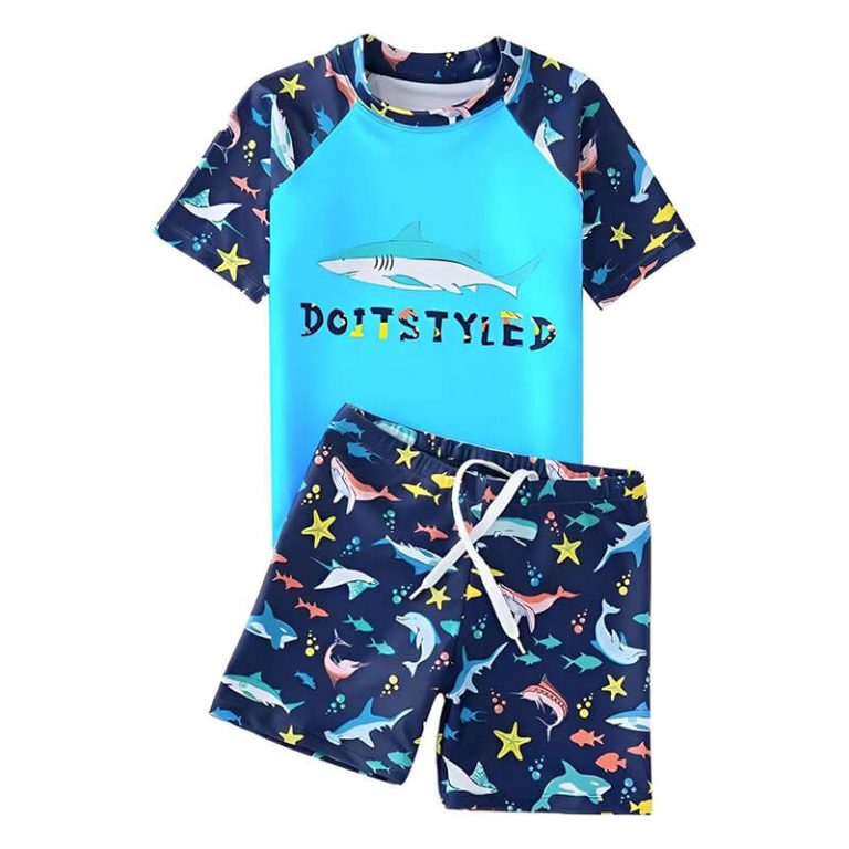 Boys Swimsuit 2 Pieces Set T-shirt Swim Shorts with Shark AOP