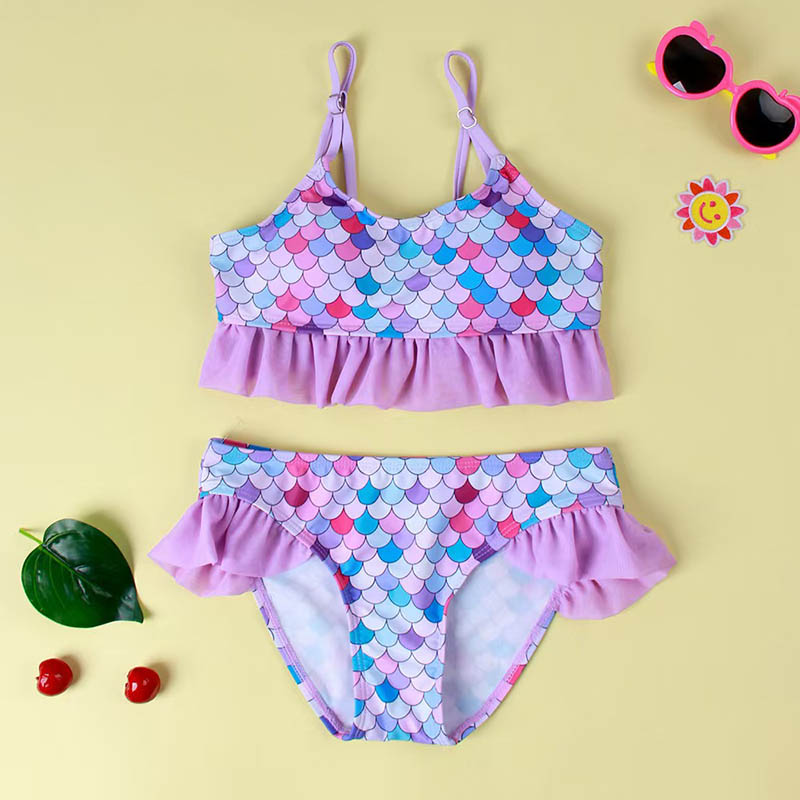 Children Mermaid Swimsuit Bright Fish Scale Printed Two Piece Set Bikini Swisuit for Kids Girls -1