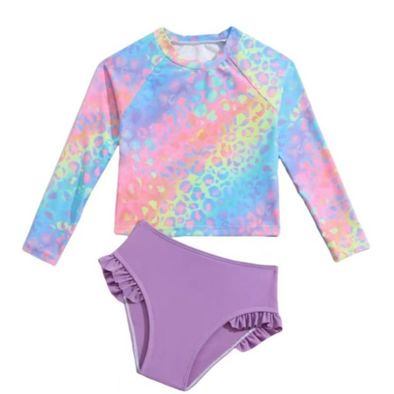 Free Design Full Print Kids Ruffle Trimmed Bikini Set Young Girl Long Sleeve Printed Swimsuit -1