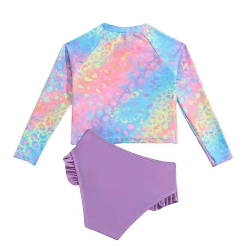 Free Design Full Print Kids Ruffle Trimmed Bikini Set Young Girl Long Sleeve Printed Swimsuit -2